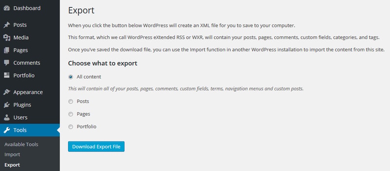 Narzędzie do eksportu WordPress