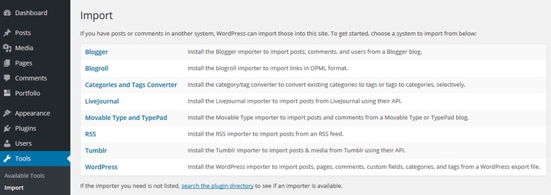 Narzędzie importu WordPress